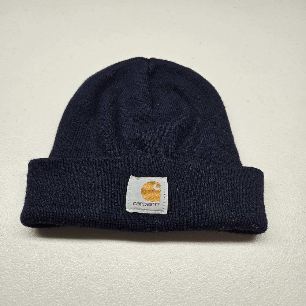 Carhartt Men Beanie ONE‎ SIZE Navy Blue Knit Foldover Logo Patch